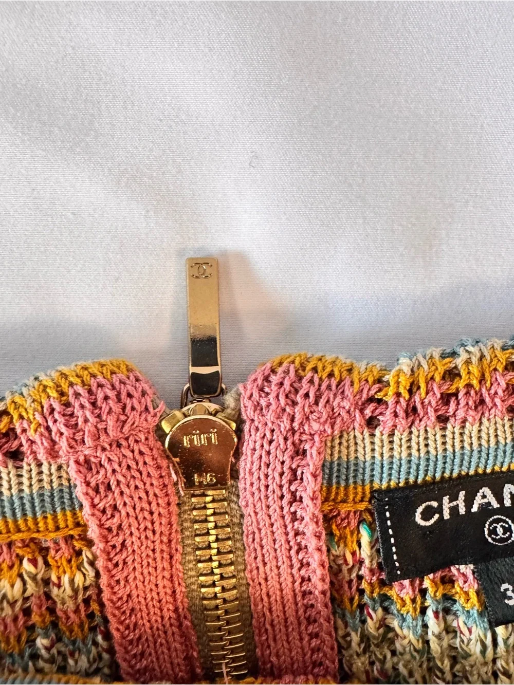 Chanel 2017 Cuba Cruise Multicolor Cotton Knit Off-Shoulder Top CC Buttons FR 38